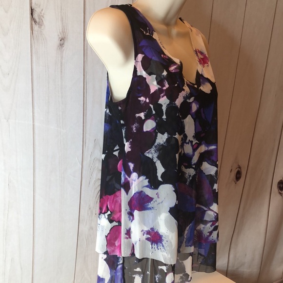 INC Floral Sheer Layered Top - Purple Blue Black Cutout Back Women's Medium - Picture 10 of 16